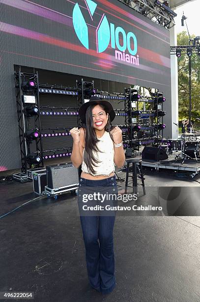 Radio personality Nataliz Jimenez poses at the iHeartRadio Fiesta Latina pre-show presented by Sprint at Bayfront Park Amphitheater on November 7,...