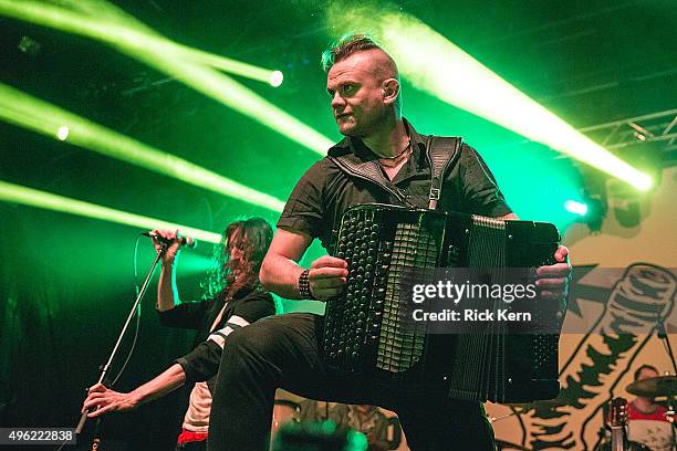 Musician/vocalist Eugene Hütz and musician Pasha Newmer of Gogol Bordello perform onstage during Day 2 of Fun Fun Fun Fest at Auditorium Shores on...