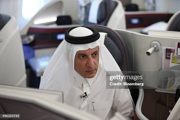 Akbar Al Baker, chief executive officer of Qatar Airways Ltd., speaks during an interview aboard a Boeing Co. 787 Dreamliner aircraft on the opening...