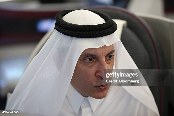 Akbar Al Baker, chief executive officer of Qatar Airways Ltd., speaks during an interview aboard a Boeing Co. 787 Dreamliner aircraft on the opening...