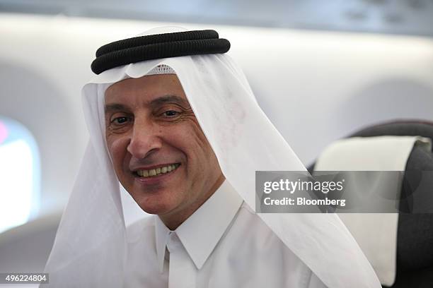 Akbar Al Baker, chief executive officer of Qatar Airways Ltd., pauses during an interview aboard a Boeing Co. 787 Dreamliner aircraft on the opening...