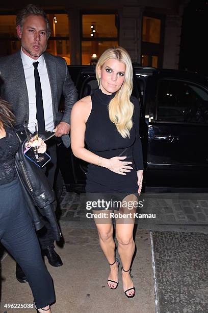 Jessica Simpson and husband Eric Johnson were seen out for a Tom Everhart Art Gallery event then dinner at Vic's Restaurant in SoHo on November 7,...