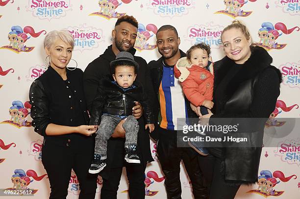 Aimee Jade, Oritse Williams and son Omre with JB Gill, son Ace and wife Chloe Tangney attend the UK premiere of the new Nick Jr. Series Shimmer and...