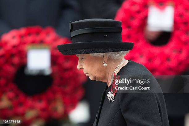 Queen Elizabeth II attends the annual Remembrance Sunday Service at the Cenotaph on Whitehall on November 8, 2015 in London, United Kingdom. People...