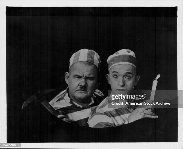 Actors Oliver Hardy and Stan Laurel in a scene from the movie 'The Second 100 Years', 1927.