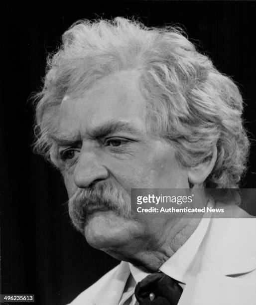 Promotional portrait of actor Hal Holbrook, in costume as author Mark Twain, for his one man show 'Mark Twain Tonight', at 41st Street Theatre, New...