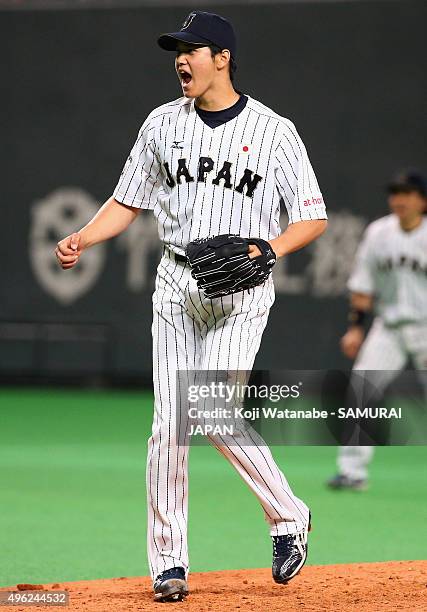 Starting pitcher Shohei Otani of Japan reacts after striking out in the top of the fifth inning during the WBSC Premier 12 match between Japan and...