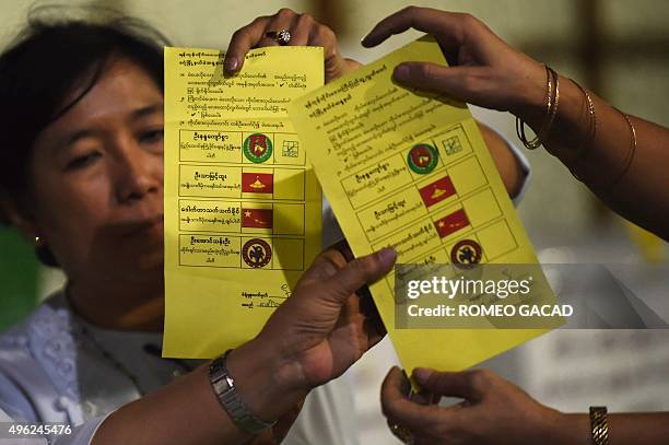 Poll officials display two ballots marked for the candidate of army-backed ruling Union Solidarity and Development Party during poll tabulation in...