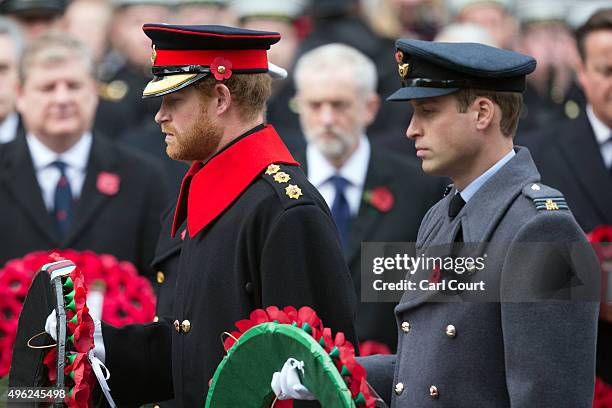 Prince Harry and Prince William, Duke of Cambridge attend the annual Remembrance Sunday Service at the Cenotaph on Whitehall on November 8, 2015 in...