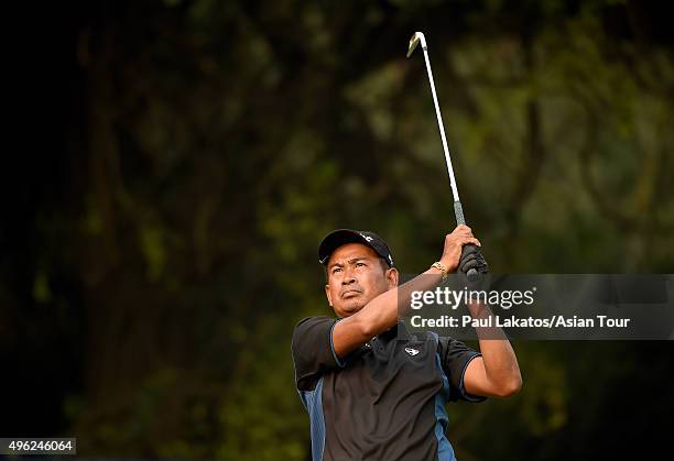 Thaworn Wiratchant of Thailand plays a shot during round four of the Panasonic Open India at Delhi Golf Club on November 8, 2015 in New Delhi, India.