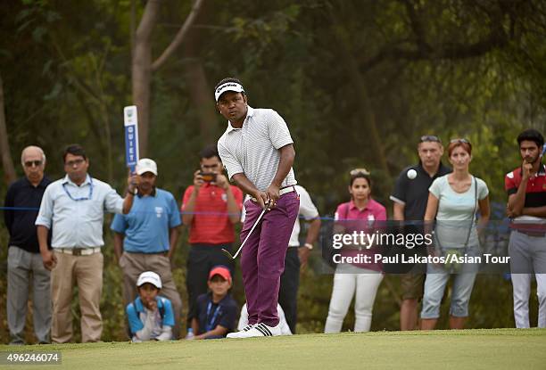 Siddikur Rahman of Bangladesh plays a shot during round four of the Panasonic Open India at Delhi Golf Club on November 8, 2015 in New Delhi, India.