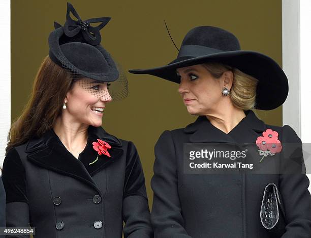 Catherine, Duchess of Cambridge and Queen Maxima of the Netherlands attend the annual Remembrance Sunday Service at the Cenotaph, Whitehall on...