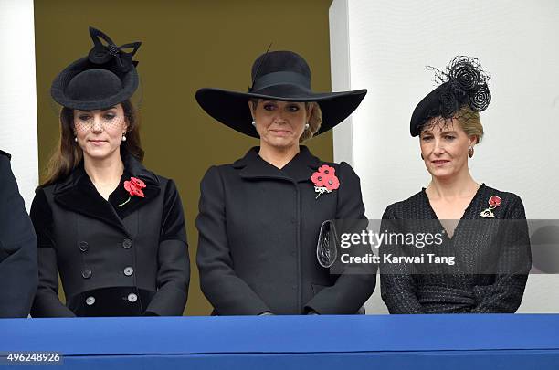 Catherine, Duchess of Cambridge, Queen Maxima of the Netherlands and Sophie, Countess of Wessex attend the annual Remembrance Sunday Service at the...