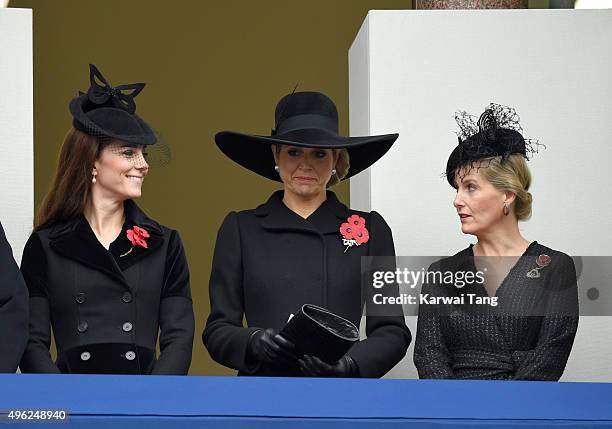 Catherine, Duchess of Cambridge, Queen Maxima of the Netherlands and Sophie, Countess of Wessex attend the annual Remembrance Sunday Service at the...