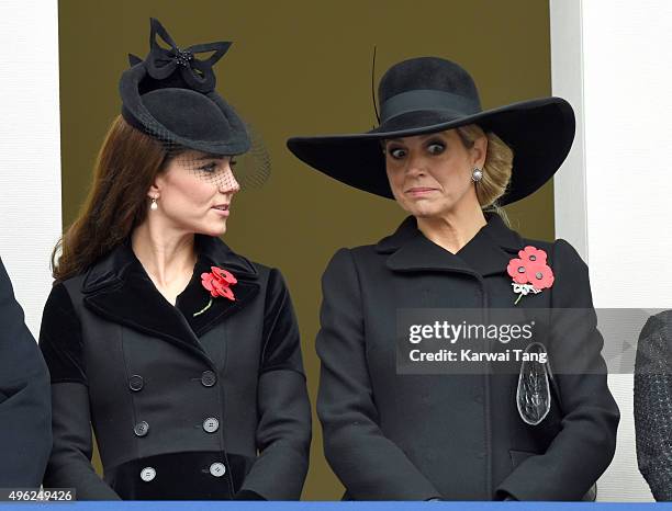 Catherine, Duchess of Cambridge and Queen Maxima of the Netherlands attend the annual Remembrance Sunday Service at the Cenotaph, Whitehall on...