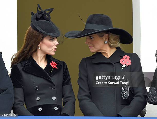 Catherine, Duchess of Cambridge and Queen Maxima of the Netherlands attend the annual Remembrance Sunday Service at the Cenotaph, Whitehall on...