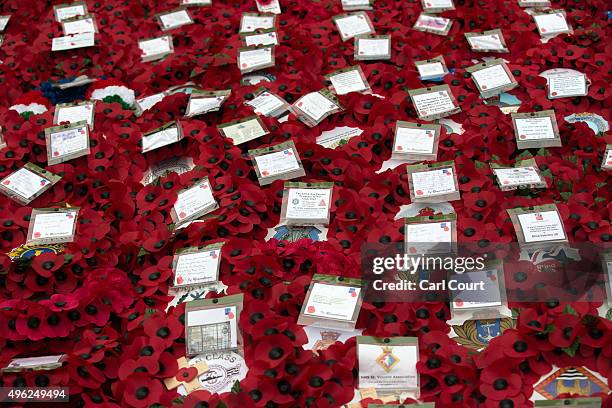 Poppy wreaths are pictured after the annual Remembrance Sunday Service at the Cenotaph on Whitehall on November 8, 2015 in London, United Kingdom....
