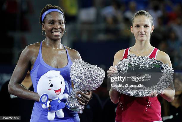 Venus Williams of USA and Karolina Pliskova of Czech Republic with trophies during the Award ceremony on day 7 of Huajin Securities WTA Elite Trophy...