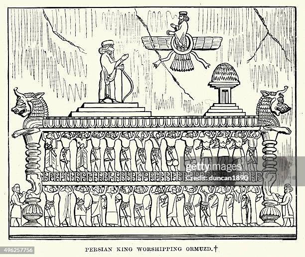 persian king worshipping ahura mazda - zoroastrianism stock illustrations