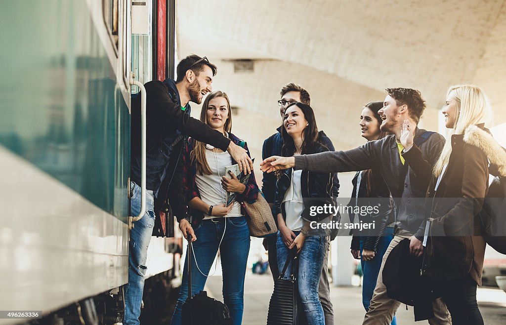 Teenagers on the railway station