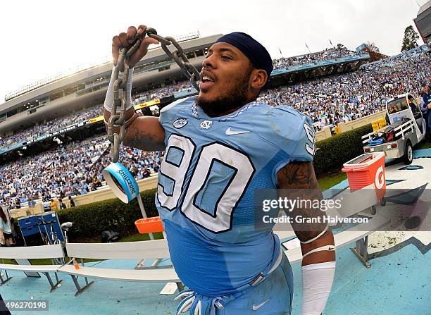 Nazair Jones celebrates after a win against the Duke Blue Devils at Kenan Stadium on November 7, 2015 in Chapel Hill, North Carolina. North Carolina...