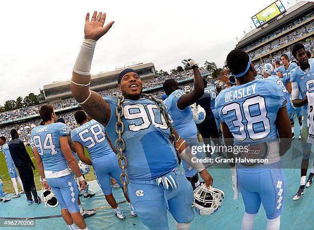 Nazair Jones celebrates after a win against the Duke Blue Devils at Kenan Stadium on November 7, 2015 in Chapel Hill, North Carolina. North Carolina...