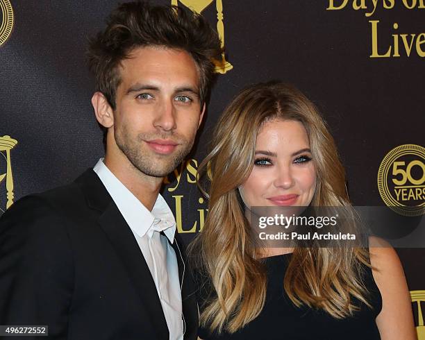 Actors Blake Berris and Ashley Benson attend the "Days Of Our Lives" 50th Anniversary at Hollywood Palladium on November 7, 2015 in Los Angeles,...