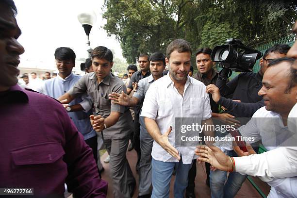 Congress Vice President Rahul Gandhi celebrates after Mahagathbandhan's victory in Bihar assembly elections during a press conference after the...