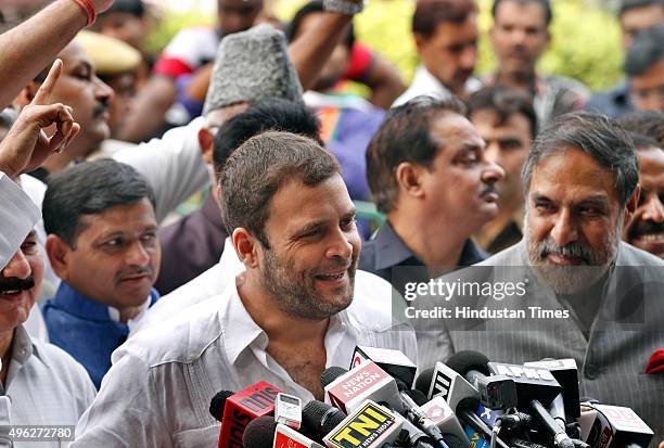 Congress Vice President Rahul Gandhi celebrates after Mahagathbandhan's victory in Bihar assembly elections during a press conference after the...