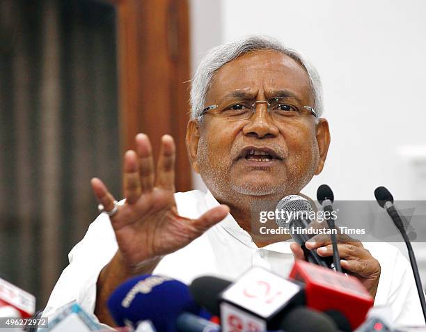 Janata Dal-United leader Nitish Kumar during a press conference after landslide victory in Bihar Assembly elections at his residence, on November 8,...