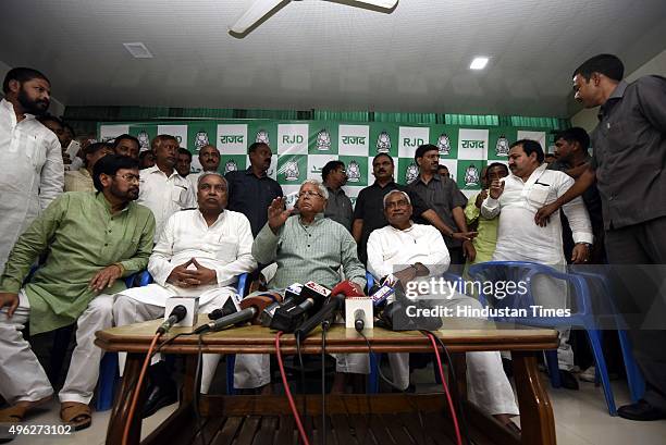 Janta Dal leader Nitish Kumar and Rashtriya Janta Dal leader Lalu Prasad Yadav during a press conference after landslide victory in Bihar Assembly...