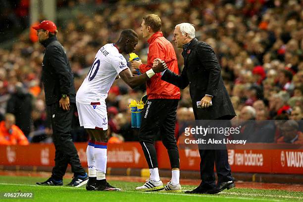 Yannick Bolasie of Crystal Palace celebrates scoring the opening goal with Alan Pardew, Manager of Crystal Palace during the Barclays Premier League...