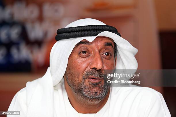 Sheikh Ahmed bin Saeed Al Maktoum, chairman and chief executive officer of Emirates Airline, speaks to reporters on the opening day of the 14th Dubai...