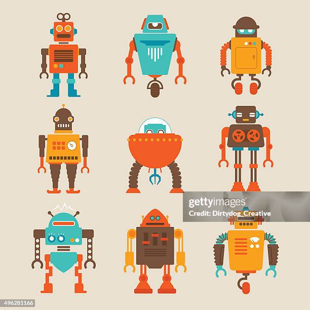 satz von retro roboter - science et technologie stock-grafiken, -clipart, -cartoons und -symbole