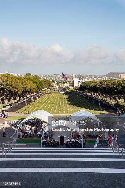 The National Memorial Cemetery of the Pacific, the Punchbowl, Decorated with American Flags and Hawaiian Flower Lei During a Memorial Day Ceremony in...