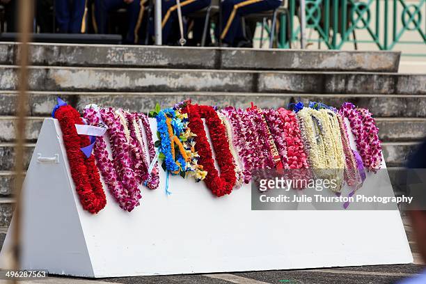 Row of Hawaiian Flower Lei Placed During a Memorial Day Ceremony at the Hawaii Veteran's Cemetery in Kaneohe, Oahu, Hawaii