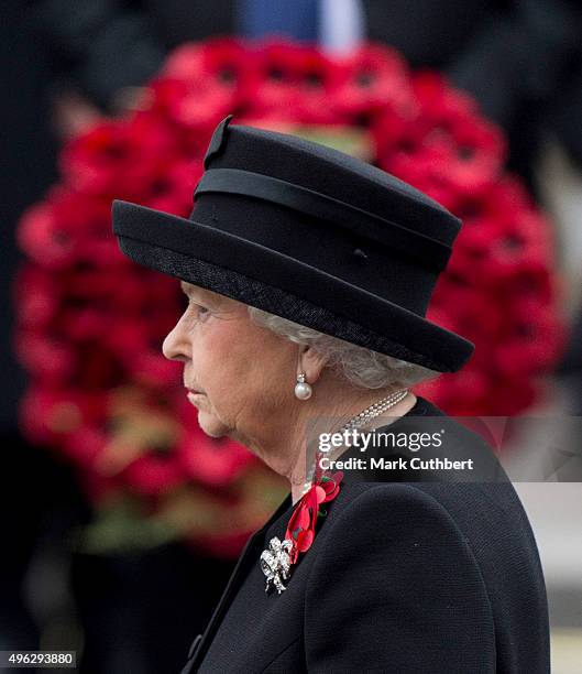 Queen Elizabeth II attends the annual Remembrance Sunday Service at the Cenotaph on Whitehall at The Cenotaph on November 8, 2015 in London, England....