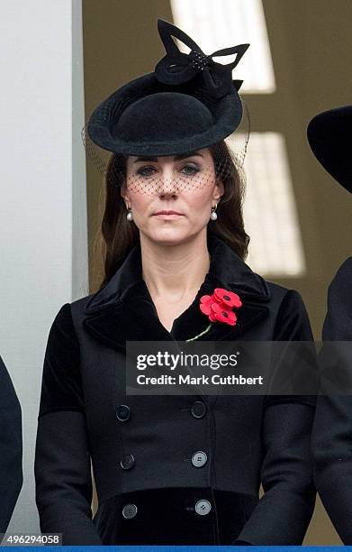 Catherine, Duchess of Cambridge attends the annual Remembrance Sunday Service at the Cenotaph on Whitehall at The Cenotaph on November 8, 2015 in...