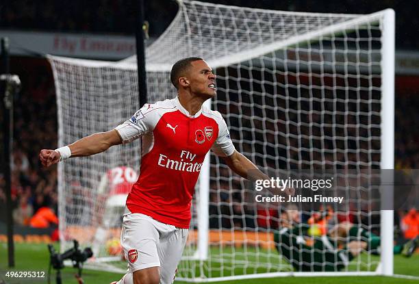 Kieran Gibbs of Arsenal celebrates scoring his side's first goal during the Barclays Premier League match between Arsenal and Tottenham Hotspur at...