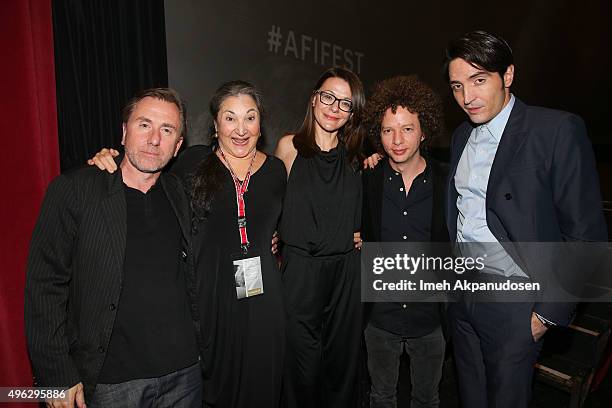 Actors Tim Roth, Robin Bartlett, Maribeth Monroe, director Michel Franco, and actor David Dastmalchian pose backstage following the screening of...