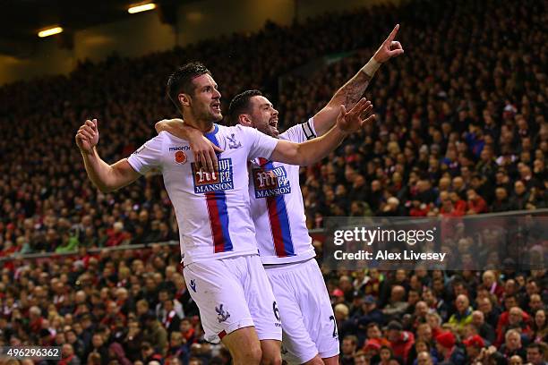 Scott Dann of Crystal Palace celebrates with Damien Delaney of Crystal Palace after scoring his side's second goal during the Barclays Premier League...