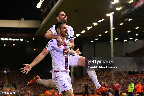 Scott Dann of Crystal Palace celebrates with Damien Delaney of Crystal Palace after scoring his side's second goal during the Barclays Premier League...