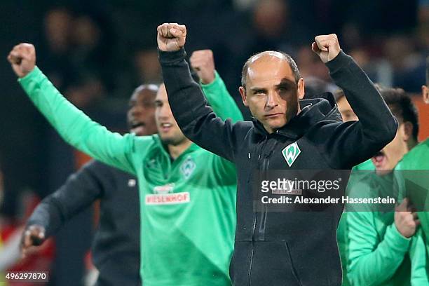 Viktor Skripnik, head coach of Bremen celebrates victory after winning the Bundesliga match between FC Augsburg and SV Werder Bremen at WWK Arena on...