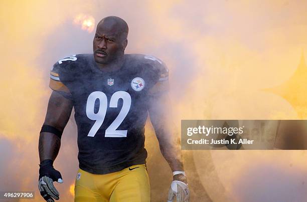 James Harrison of the Pittsburgh Steelers walks onto the field before the start of the game against the Oakland Raiders at Heinz Field on November 8,...