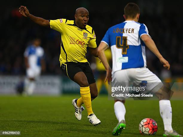 Barry Hayles of Chesham United challenges Tom Lockyer of Bristol Rovers during the Emirates FA Cup first round match between Bristol Rovers and...