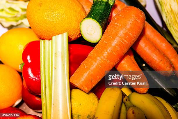 Vegetables and fruits on display at a stand of the Keimling Naturkost GmbH fills during the Veggie World 2015 Vegan Trade Fair on November 8, 2015 in...