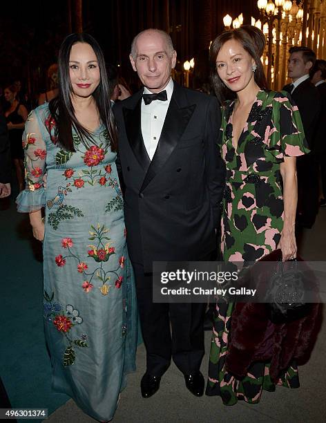 Art Film Gala co-chair and LACMA Trustee Eva Chow, wearing Gucci, Bernard Ruiz-Picasso and Almine Ruiz-Picasso attend LACMA 2015 Art+Film Gala...