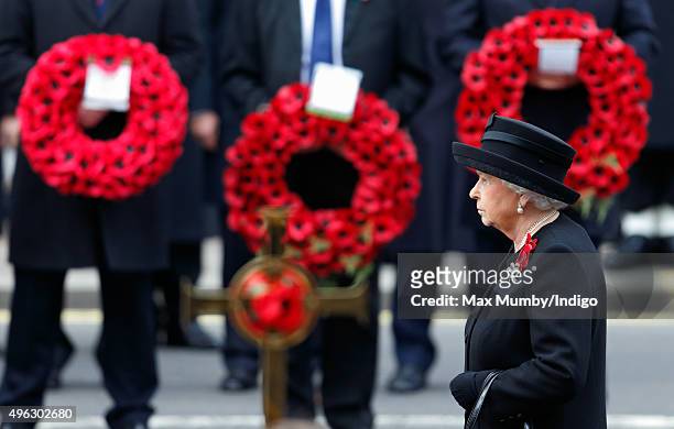 Queen Elizabeth II attends the annual Remembrance Sunday Service at the Cenotaph on Whitehall on November 8, 2015 in London, England. The National...