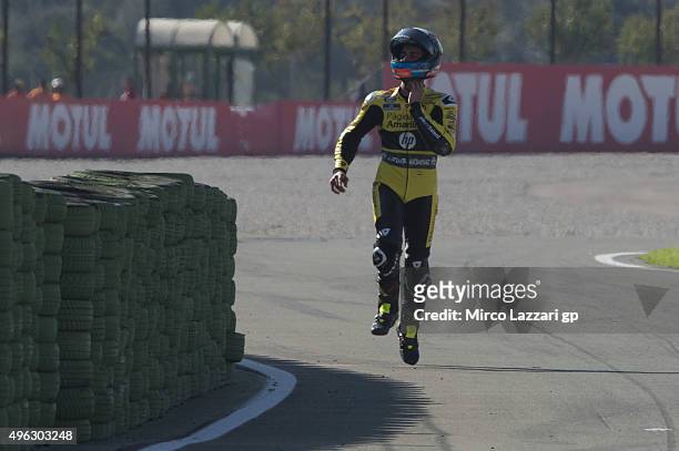 Alex Rins of Spain and Pagina Amarillas HP40 celebrates the second place under the podium at the end of the Moto2 race during the MotoGP of Valencia...