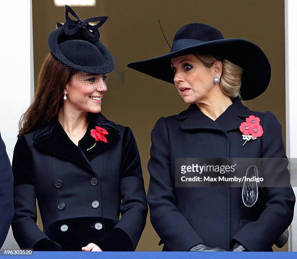 Catherine, Duchess of Cambridge and Queen Maxima of the Netherlands attend the annual Remembrance Sunday Service at the Cenotaph on Whitehall on...